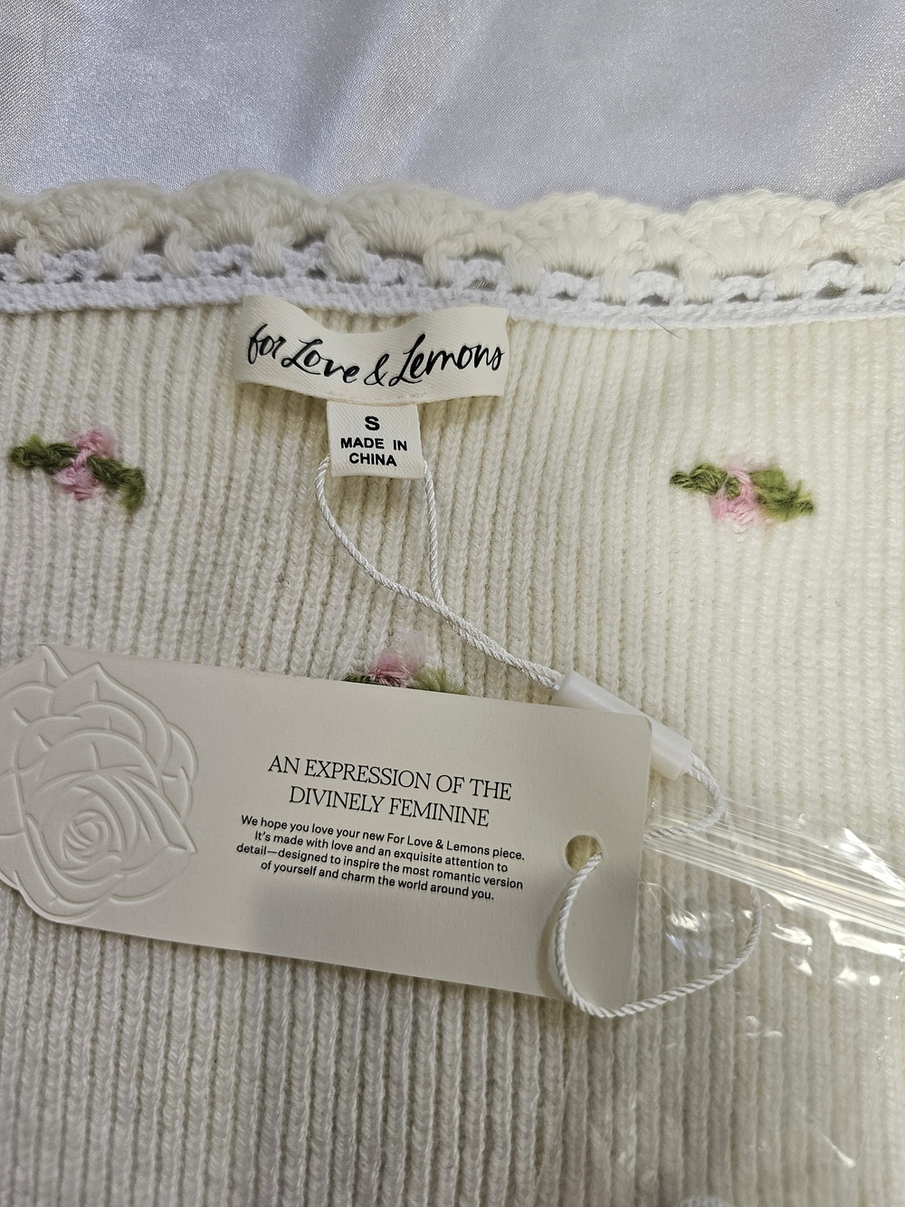 For Love & Lemons Cream Knit Cardigan with Pink Rose Embroidery - Picture 5 of 7